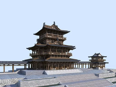 Ancient Chinese Wooden Pagoda With Multi Tiered Roofs Stone Steps And Adjacent Small Pavilions 3d model