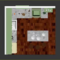 Green Kitchen Interior With White Countertop Island Refrigerator Red Wooden Floor And Cabinets