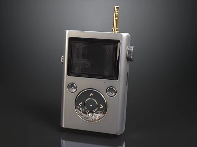 Retro Portable Silver Digital Music Player With Machined Functional Buttons And Gold Telescopic Antenna 3d model