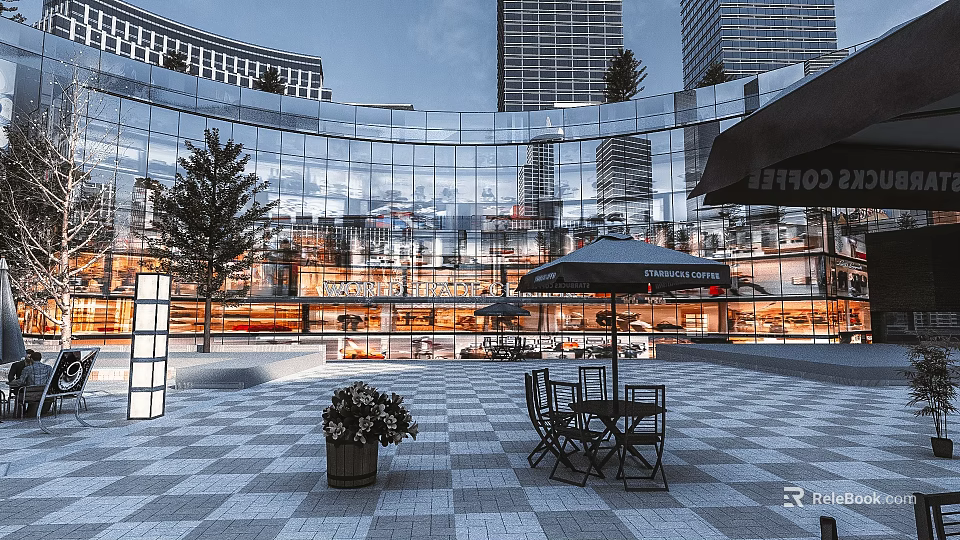 Modern Commercial Street With Glass Facade Building Coffee Shop Outdoor Tables And Green Plants 3d model 