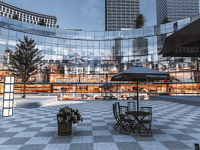 Modern Commercial Street With Glass Facade Building Coffee Shop Outdoor Tables And Green Plants 3d model