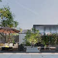 Modern Garden Outdoor Lounge Area With Sofa Fire Pit Umbrella Green Plants And Contemporary Pavilion