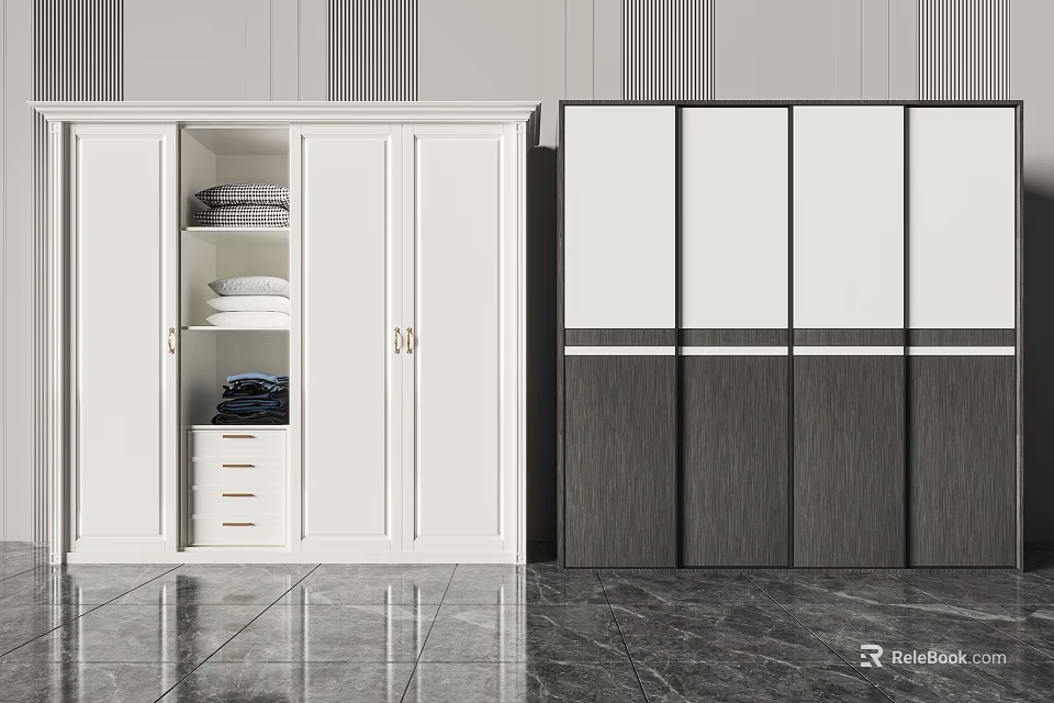Modern Wardrobe Design With White And Gray Doors Drawers And Storage Shelves 3d model 