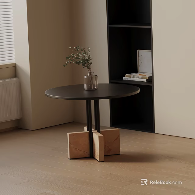 Black Round Top Bedside Table with Wooden Base and Vase Plant on Top 3d model 