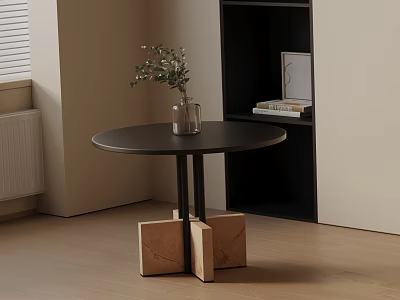 Black Round Top Bedside Table with Wooden Base and Vase Plant on Top 3d model
