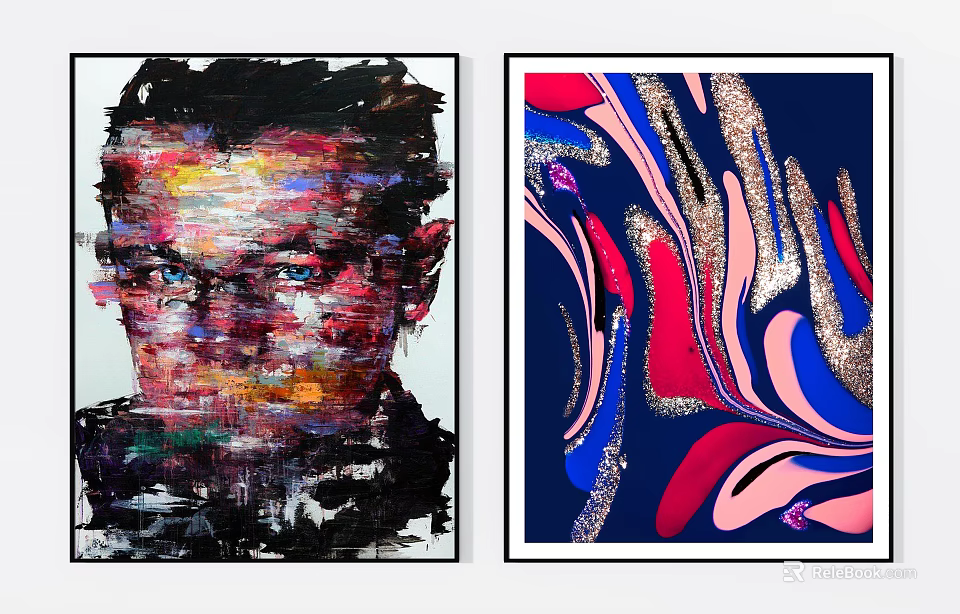 Vibrant Abstract Portrait And Colorful Swirl Wall Art With Gold Glitter 3d model 