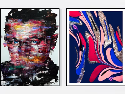 Vibrant Abstract Portrait And Colorful Swirl Wall Art With Gold Glitter 3d model