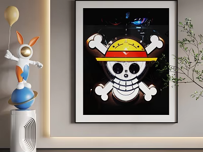 Abstract Painting With Skull Yellow Hat And Crossed Bones In Modern Interior Decor 3d model