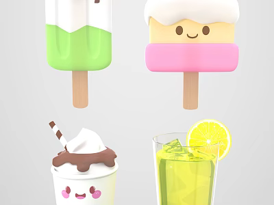 Colorful Smiling Summer Frozen Desserts Popsicles Milkshake And Lemon Drink With Ice 3d model