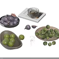 Ripe Purple Figs and Fresh Green Limes in Wooden Bowls and Tray