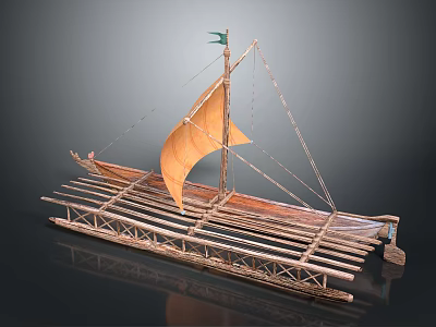 Traditional Wooden Boat With Yellow Sail Green Flag And Bamboo Planks Structure 3d model