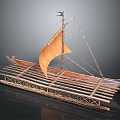 Traditional Wooden Boat With Yellow Sail Green Flag And Bamboo Planks Structure