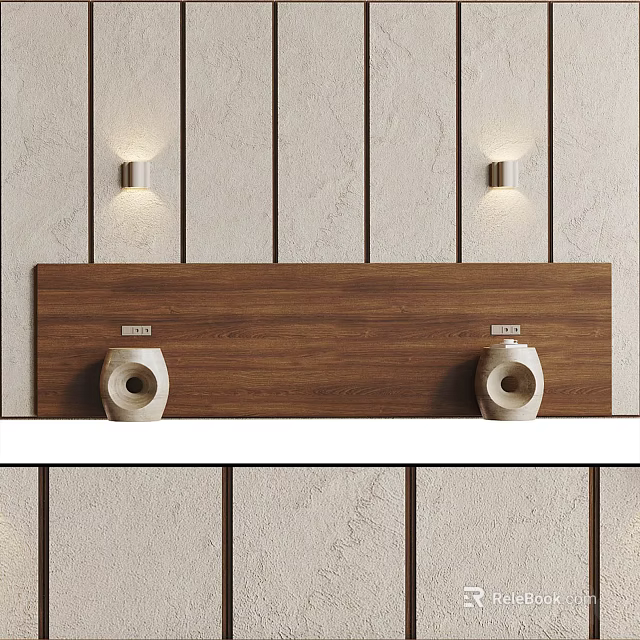 Wooden Bed Accent Wall With Wall Sconces And Decor Pieces 3d model