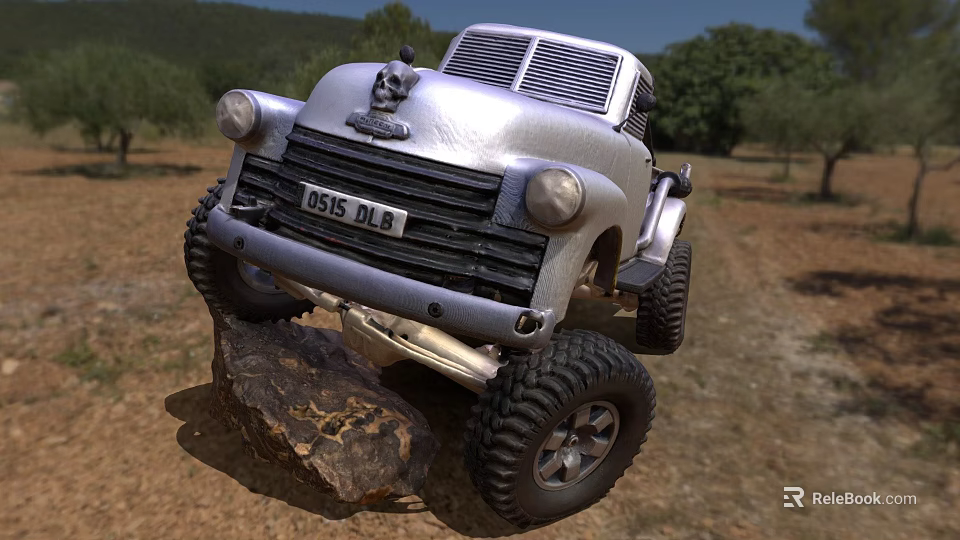 Silver Vintage Truck With Off Road Tires Parked On Rock In Grassland 3d model 