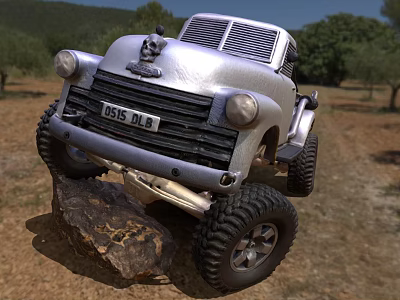 Silver Vintage Truck With Off Road Tires Parked On Rock In Grassland 3d model