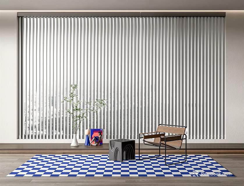 White Vertical Blinds in Modern Interior with Blue White Checkered Rug Chair and Potted Plant 3d model 