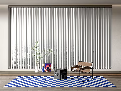 White Vertical Blinds in Modern Interior with Blue White Checkered Rug Chair and Potted Plant 3d model