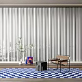 White Vertical Blinds in Modern Interior with Blue White Checkered Rug Chair and Potted Plant