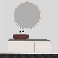 Modern Bathroom Vanity With White Cabinet Red Glass Basin And Round Backlit Mirror