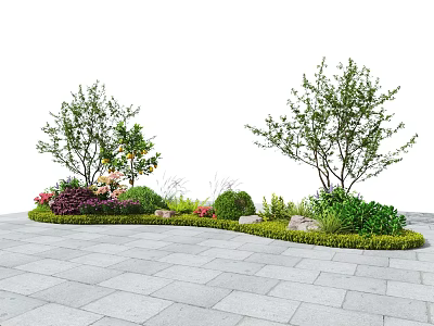 Landscape Plant Combination with Two Trees Bushes Flowers Stones and Gray Tiles 3d model