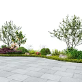 Landscape Plant Combination with Two Trees Bushes Flowers Stones and Gray Tiles