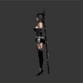 Female Fantasy Character In Black Detailed Costume With Winged Accessories And Purple Gem