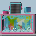 Colorful Decorative Display Case With Gears City Buildings Eiffel Tower LOVE Letters Headphones Vintage TV