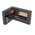 Stylish Modern Kitchen Featuring Black Cabinets Brown Panels Marble Countertop And Premium Appliances