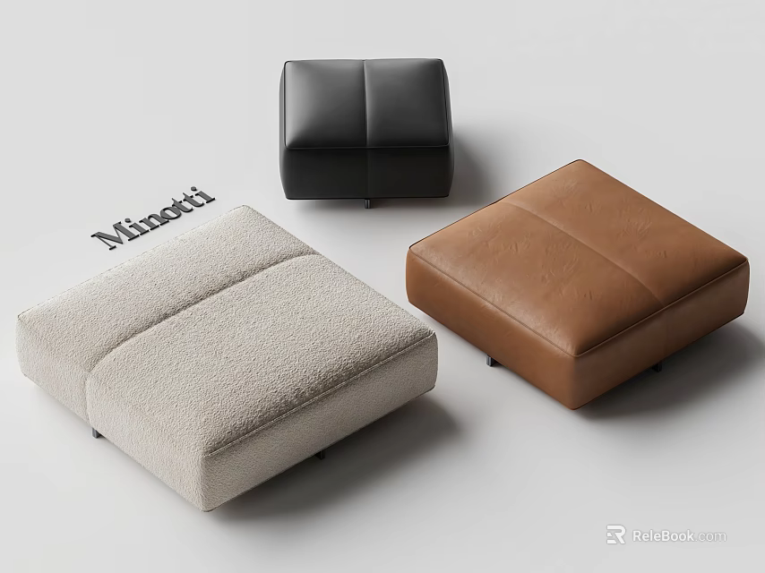 Modern Stylish Ottoman Footstools in Black Beige Brown Leather and Fabric Design 3d model 
