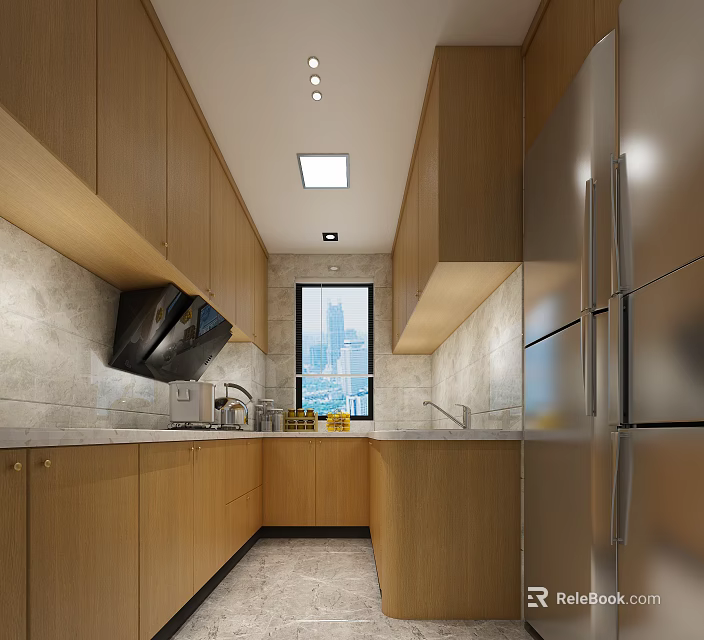 Modern Wooden Kitchen Interior With Stainless Steel Refrigerator Built in Appliances And City View Window 3d model 