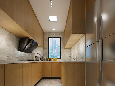 Modern Wooden Kitchen Interior With Stainless Steel Refrigerator Built in Appliances And City View Window 3d model