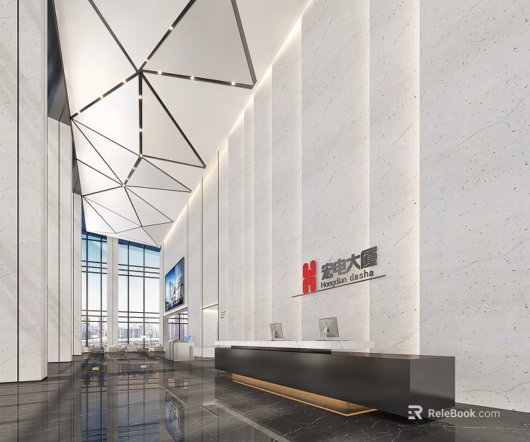 Modern Front Desk Reception Area With Marble Walls Counter And Company Logo 3d model 