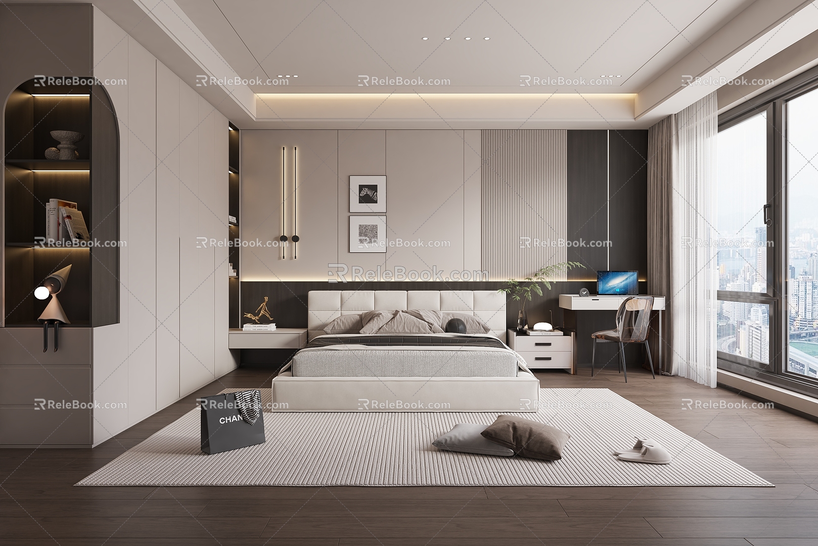 Simple black and white gray bedroom bed wardrobe 3d model