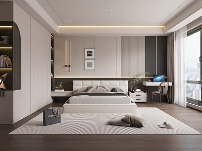 Modern Bedroom Interior With White Bed Wooden Floor Floor To Ceiling Window And Bookshelf 3d model