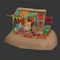 Cartoon Scene of a Market Stall with Colorful Awning Decorative Carpets Figurine and Vibrant Details