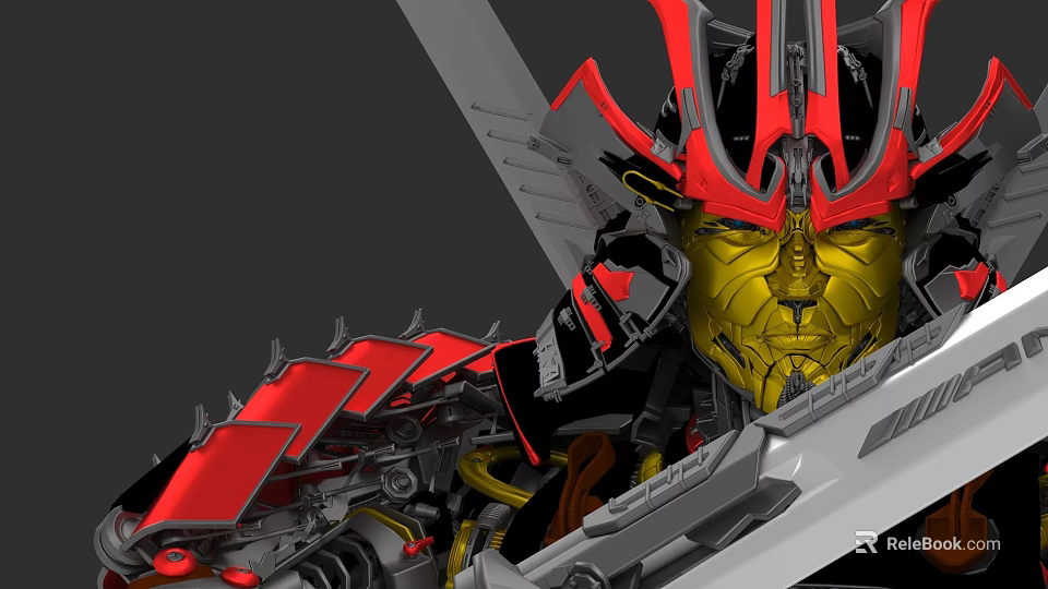 Game Movie Character With Red And Black Head Decorations Golden Face And Sharp Mechanical Weapons 3d model 