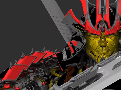 Game Movie Character With Red And Black Head Decorations Golden Face And Sharp Mechanical Weapons 3d model