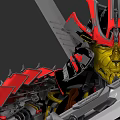 Game Movie Character With Red And Black Head Decorations Golden Face And Sharp Mechanical Weapons