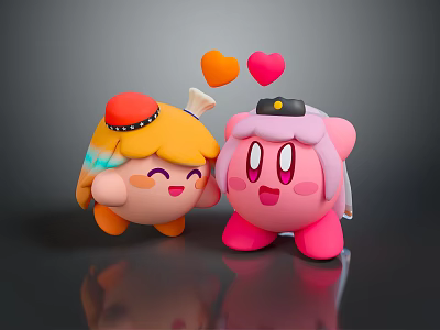 Happy Orange and Pink Hat Wearing Cartoon Characters with Smiling Faces and Floating Hearts 3d model