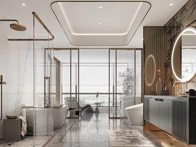 Modern Bathroom Interior With Glass Shower Bathtub Round Mirror Wooden Cabinet And Marble Floor 3d model