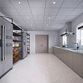 Modern Commercial Kitchen Interior With Large Refrigerator Open Shelves Long Countertop And Cabinets