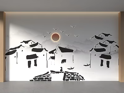 Black and White Traditional Village Wall Mural With Houses Small Bridge Sun And Flying Birds 3d model