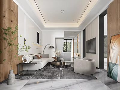 Modern Living Room Interior With White Sofa Beige Armchair Coffee Table And Green Plant 3d model