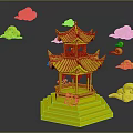 Cartoon Scene Featuring Red Chinese Pavilion Surrounded by Floating Red Clouds Against Gray Background