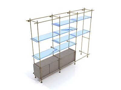 Modern Minimalist Shelving Unit With Golden Metal Frame Glass Shelves And Gray Cabinet 3d model