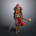 Mythical Game Movie Character With Red Hair Ornate Armor Hammer And Sword Red Cape