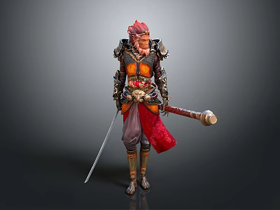 Mythical Game Movie Character With Red Hair Ornate Armor Hammer And Sword Red Cape 3d model