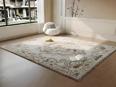 Square Rug With Ornate Patterns On Wooden Floor Near White Chair Lemon And Book 3d model
