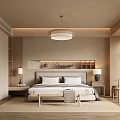Warm Modern Bedroom Interior Design with Wooden Bed Pendant Light Bedside Tables and Decorative Shelves