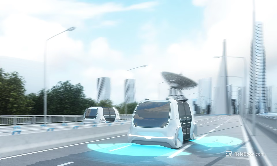 Cartoon Style Future City Road With Autonomous Vehicles And Skyscrapers 3d model 